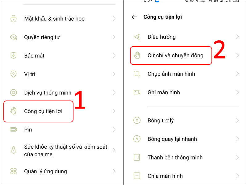 Truy cập vài đặt về cử chỉ